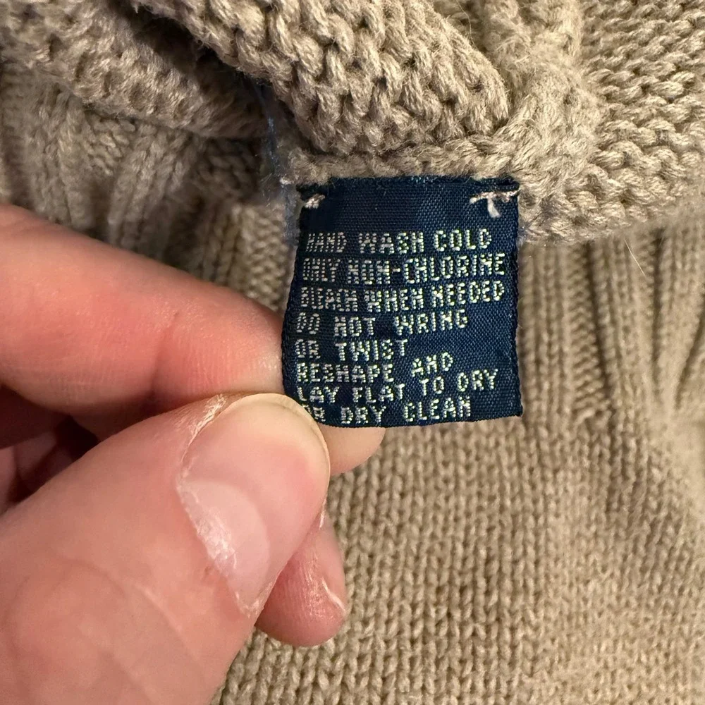 Vintage 90s Polo Ralph Lauren Cotton Knit Sweater Beige Tan Blue Pony Crewneck